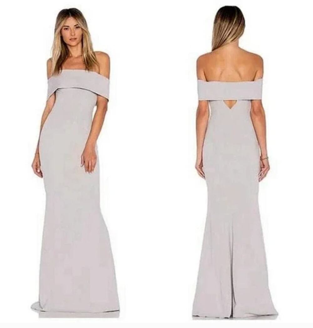 Katie May Legacy Maxi Gown Dress Off The Shoulder Dove Gray Womens Size 6